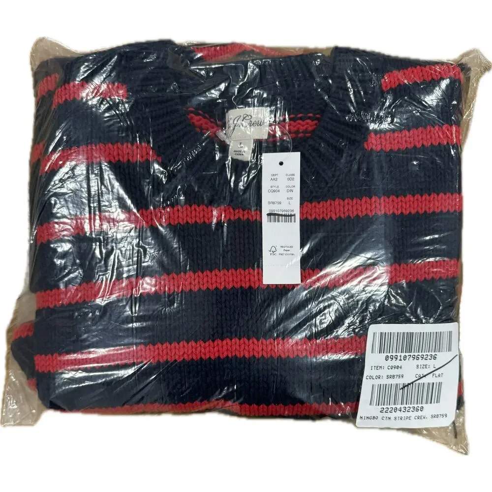 J.Crew Fisherman Knit Preppy Crewneck Darkest Indigo Navy Red Stripe Sweater L